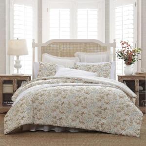 imageLaura Ashley Queen Comforter Set Cotton Reversible Bedding Set Includes Matching Shams with Bonus Euro Shams ampamp Throw Pillow Covers Bramble Floral Green QueenBramble Floral Beige