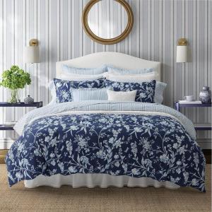 imageLaura Ashley Queen Comforter Set Cotton Reversible Bedding Set Includes Matching Shams with Bonus Euro Shams ampamp Throw Pillow Covers Branch Toile Blue QueenBranch Toile Blue
