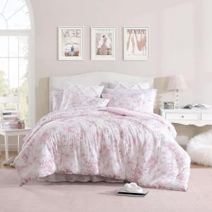 imageLaura Ashley Queen Comforter Set Reversible Cotton Bedding with Matching Shams Farmhouse Home Decor Dorm Room Essentials Belinda Blue QueenDelphine Pink
