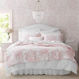 imageLaura Ashley  Queen Quilt Set Reversible Cotton Bedding with Matching Shams Lightweight Home Decor for All Seasons Bedford GreenOffWhite QueenBedford Pink