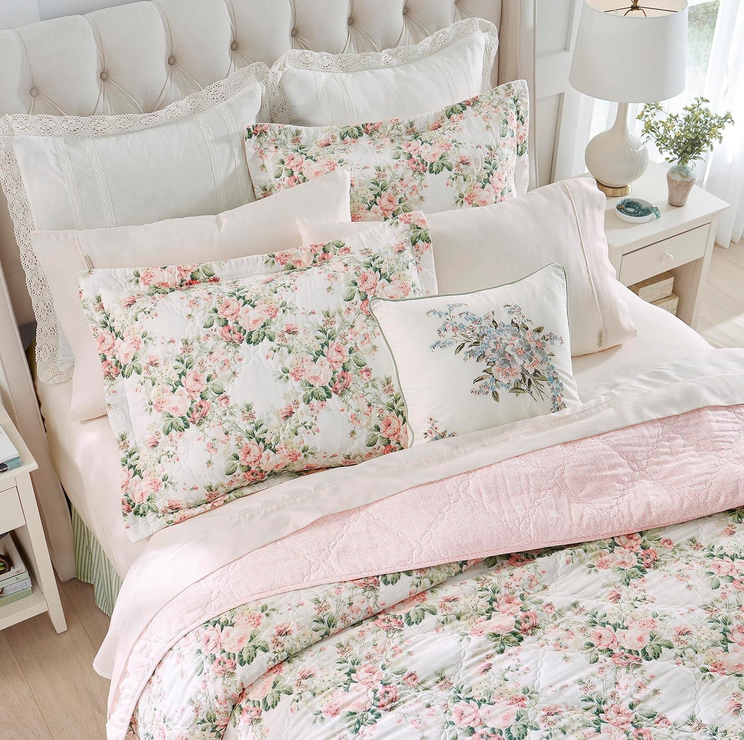 imageLaura Ashley Queen Quilt Set Cotton Reversible Bedding Set All Season Cottage Home Dcor Joyce Pink QueenJoyce PinkWhite