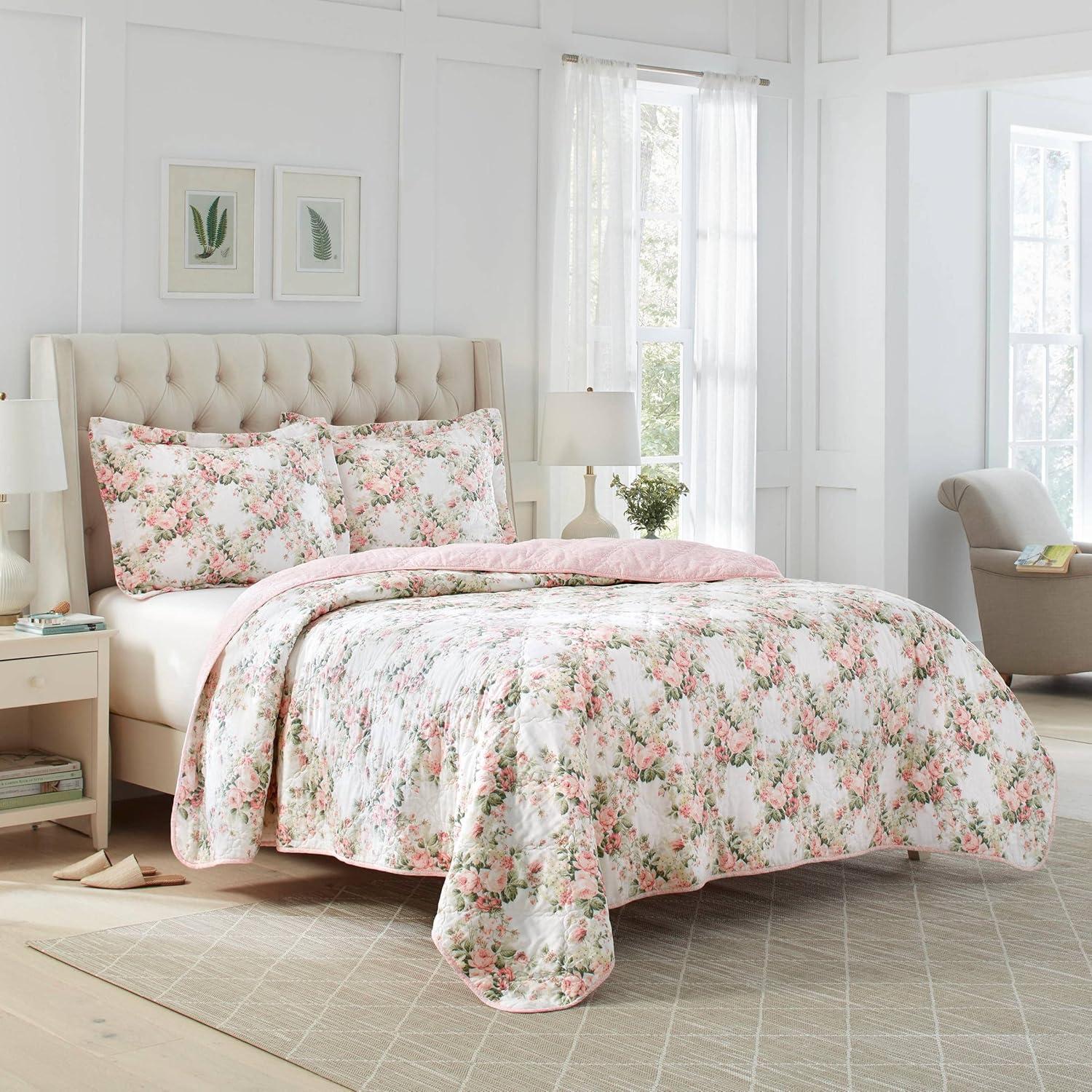 imageLaura Ashley Queen Quilt Set Cotton Reversible Bedding Set All Season Cottage Home Dcor Joyce Pink QueenJoyce PinkWhite