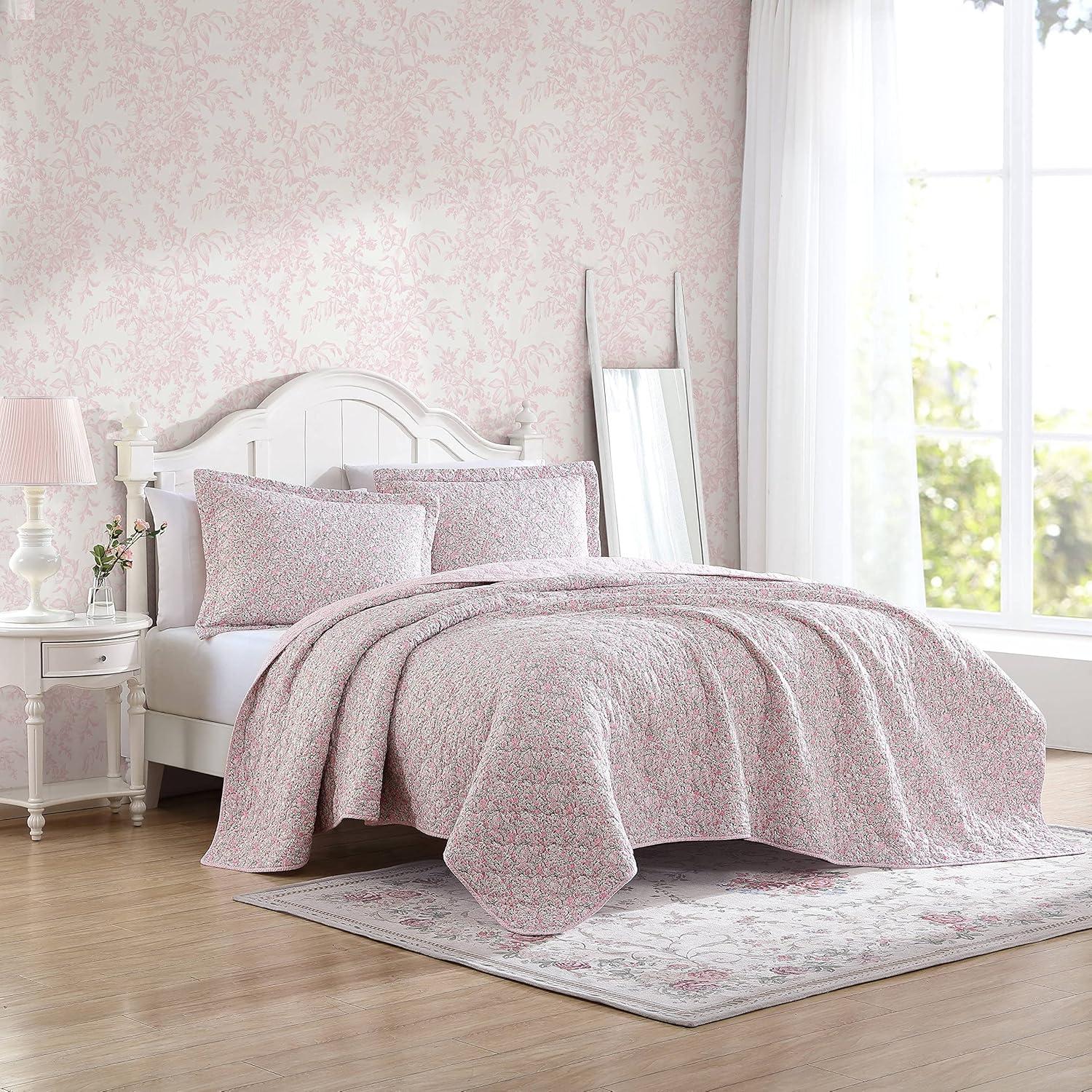 imageLaura Ashley Queen Quilt Set Lightweight Cotton Bedding with Matching Shams Vintage Floral Inspired Home Decor with Solid Reverse Loveston Pink QueenLoveston Pink