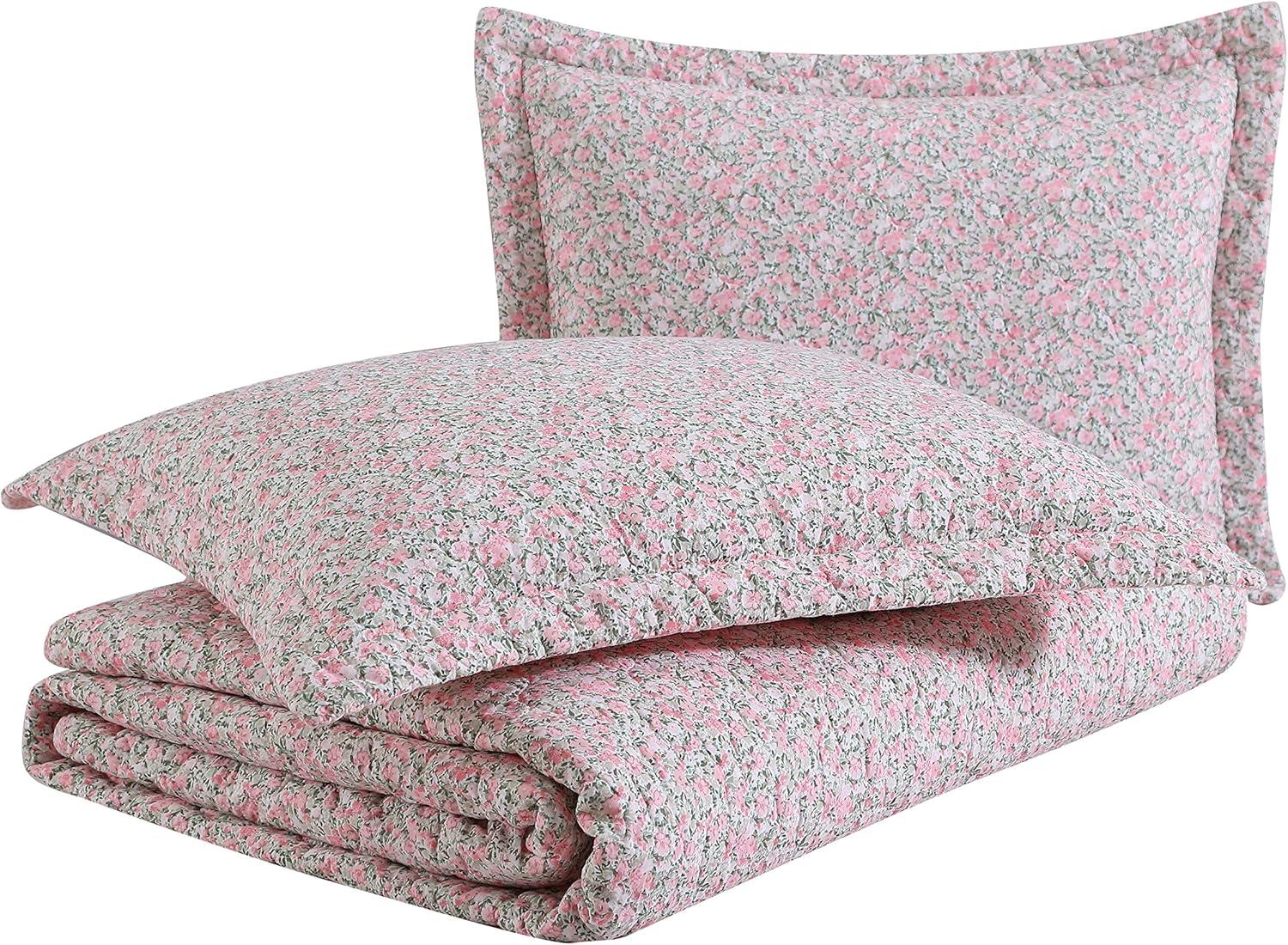 imageLaura Ashley Queen Quilt Set Lightweight Cotton Bedding with Matching Shams Vintage Floral Inspired Home Decor with Solid Reverse Loveston Pink QueenLoveston Pink