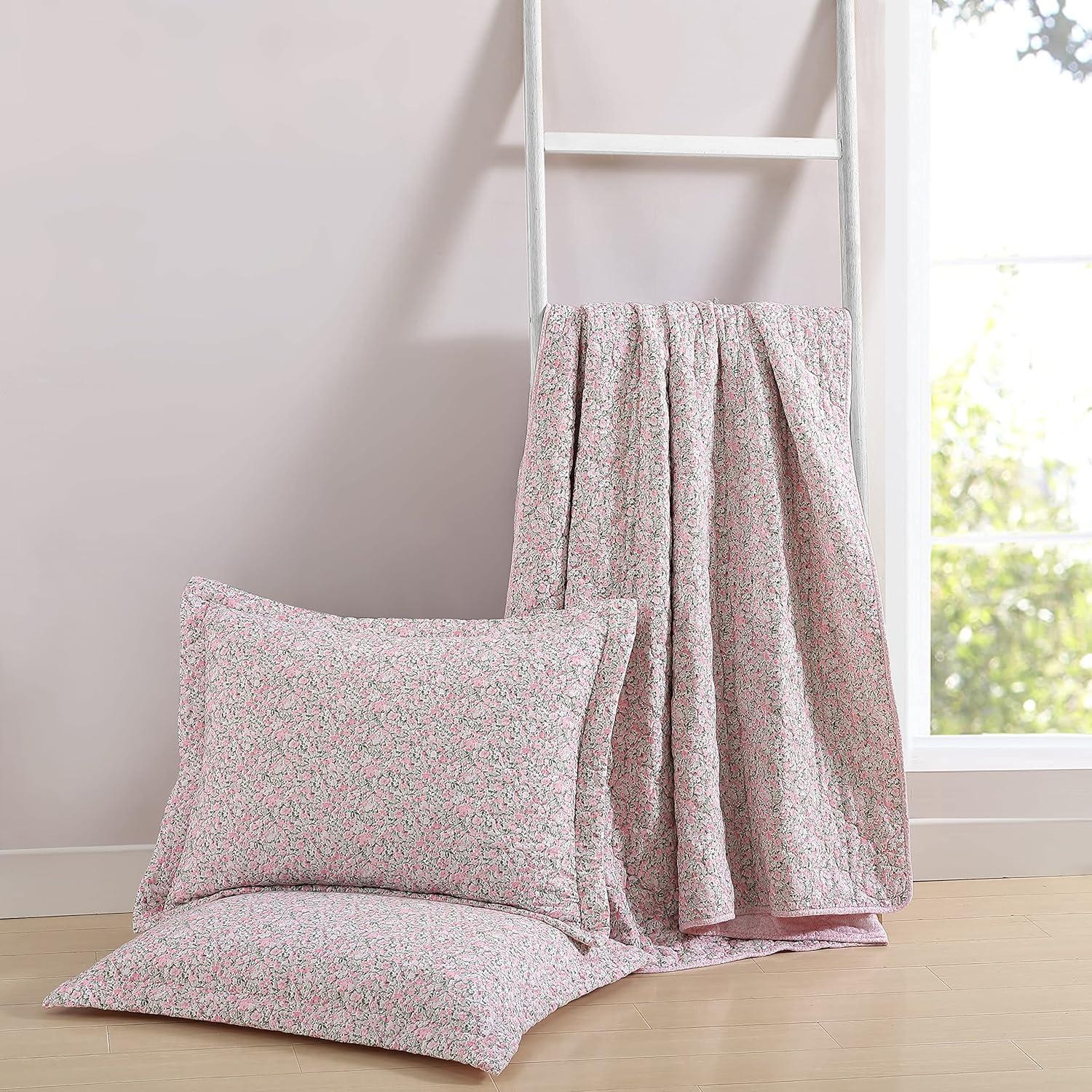 imageLaura Ashley Queen Quilt Set Lightweight Cotton Bedding with Matching Shams Vintage Floral Inspired Home Decor with Solid Reverse Loveston Pink QueenLoveston Pink