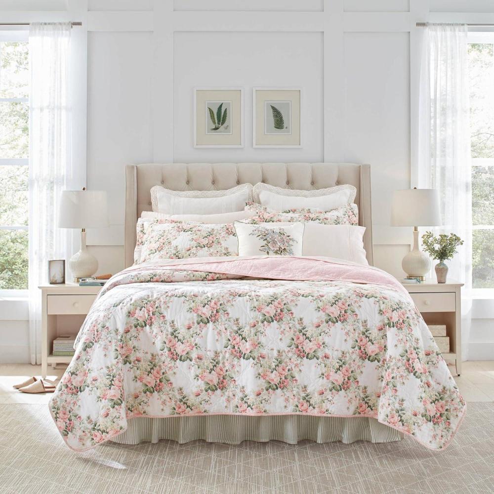 imageLaura Ashley Queen Quilt Set Cotton Reversible Bedding Set All Season Cottage Home Dcor Joyce Pink QueenJoyce PinkWhite