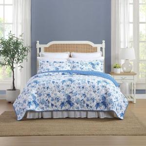 imageLaura Ashley  FullQueen Quilt Set Reversible Cotton Bedding with Matching Shams Lightweight Home Decor for All Seasons Breezy Floral Blue FullQueenBreezy Floral Blue
