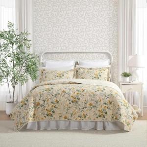 imageLaura Ashley  FullQueen Quilt Set Reversible Cotton Bedding with Matching Shams Lightweight Home Decor for All Seasons Breezy Floral Blue FullQueenRoses Gold