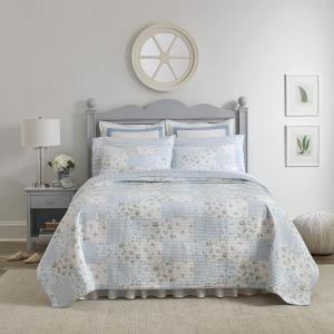 imageLaura Ashley  Queen Quilt Set Cotton Reversible Bedding with Matching Shams Bedroom Decor Ideal for All Seasons Kenna Blue QueenTwin