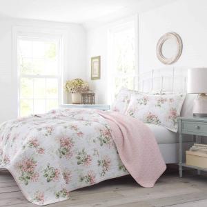imageLaura Ashley  Queen Quilt Set Cotton Reversible Bedding with Matching Shams Home Decor Ideal for All Seasons Honeysuckle Pink QueenBlush