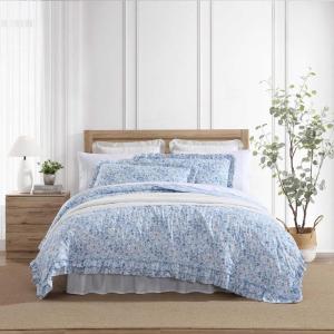 imageLaura Ashley  Queen Quilt Set Premium Microfiber Bedding with Matching Shams Floral Home Decor with Ruffle Embellishments Quartet Ruffled Blue QueenQueen