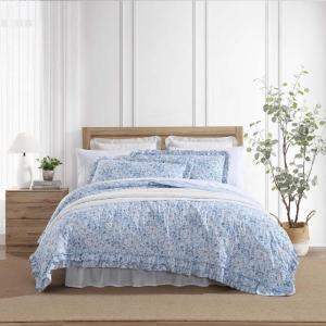 imageLaura Ashley  Queen Quilt Set Premium Microfiber Bedding with Matching Shams Floral Home Decor with Ruffle Embellishments Quartet Ruffled Blue QueenTwin