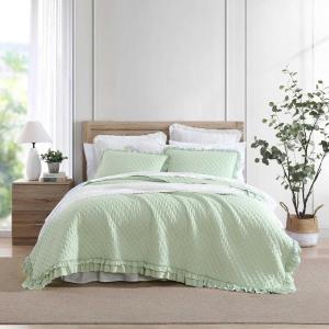 imageLaura Ashley  Queen Quilt Set Premium Microfiber Bedding with Matching Shams Solid Diamond Stitch with Ruffled Edges Chic Home Decor Claire Ruffled Green QueenGreen