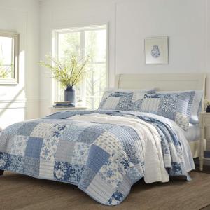imageLaura Ashley  Queen Quilt Set Reversible Cotton Bedding with Matching Shams Farmhouse Inspired Home Decor Paisley Printed Patchwork Blue QueenBlue