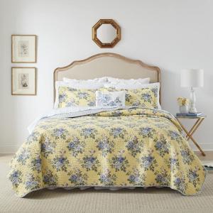 imageLaura Ashley  Queen Quilt Set Reversible Cotton Bedding with Matching Shams Lightweight Home Decor for All Seasons Linley Yellow QueenQueen