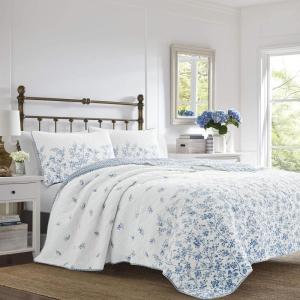 imageLaura Ashley Home  Queen Quilt Set Reversible Cotton Bedding with Matching Shams PreWashed Home Decor for Added Softness Flora Blue QueenFlora Blue