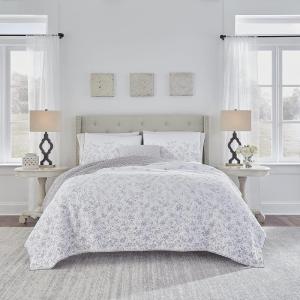 imageLaura Ashley Home  Queen Quilt Set Reversible Cotton Bedding with Matching Shams PreWashed Home Decor for Added Softness Flora Blue QueenGrey