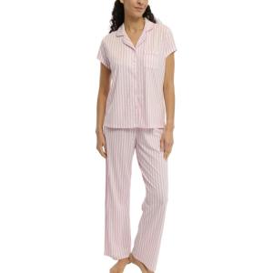 imageLaura Ashley Womens Pajamas 2 Piece Cotton Blend Notch Collar Button Down PJ SetRosy Stripe