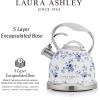 imageVQ Laura Ashley Elveden White 3L Stainless Steel Tea Kettle Stovetop Whistling Teapot for Induction Gas Hob or others Silicon Coated Cool Handle ampamp Push Button Mechanism Vintage Stove Top KettleChina Rose 3L Stove Top Kettle