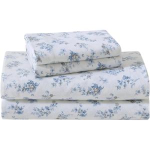 imageLaura Ashley  Queen Sheet Set Cotton Flannel Bedding Brushed for Extra Softness ampamp Comfort Evie Pink QueenAudrey Blue