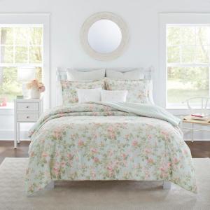 imageLaura Ashley Queen Duvet Cover Set Reversible Cotton Bedding Set Includes Matching Shams with Bonus Euro Shams ampamp Throw Pillow Covers Bramble Floral Green QueenMadelynn Blue