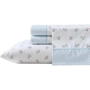 imageLaura Ashley  Sheet Set Breathable Percale Cotton Bedding 200 Thread Count Deep Pocket Chic Home Decor Harperette Blue QueenFull
