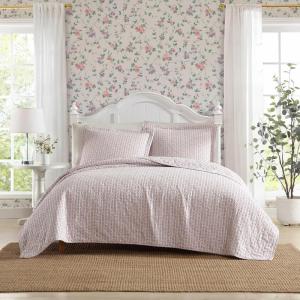 imageLaura Ashley  FullQueen Quilt Set Breathable Premium Cotton Bedding with Matching Shams Super Soft Floral Bedding Essentials Leona Flower Red FullQueenMarta Stripe Pink