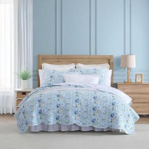 imageLaura Ashley  Quilt Set Super Soft Bedding with Matching Shams Scalloped Edge Design Peony Garden Blue FullQueenTwin