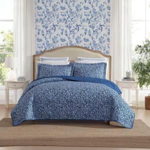 imageLaura Ashley  Quilt Set Super Soft Fabric Bedding with Matching Shams ToileInspired Print Floral Home Essentials Elaina Blue FullQueenBlue