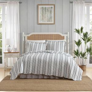 imageLaura Ashley  Quilt Set Super Soft ampamp Prewashed Bedding with Matching Shams Modern Design with Scallop Edges Cozy Home Essentials Stripe Perfection Grey FullQueenGrey