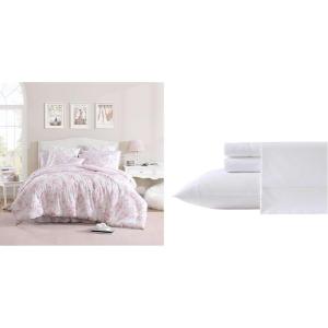 imageLaura Ashley  Twin Bedding Bundle Includes Reversible Comforter with Matching Sham ampamp Cotton Percale Sheet Set Crisp ampamp Cool Floral Dorm Room EssentialsPink