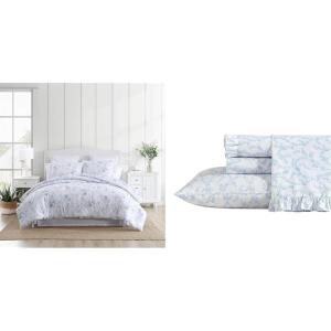 imageLaura Ashley  Twin Bedding Bundle Includes Reversible Comforter with Matching Sham ampamp Ruffled Cotton Percale Sheet Set Crisp ampamp Cool Floral Dorm Room Essentials