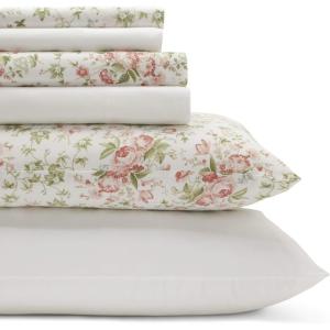 imageLaura Ashley  Queen Sheets Cotton Percale 6Piece Bedding Set Crisp ampamp Cool Home Decor Marissa Coral QueenMarissa RedGreenOff White