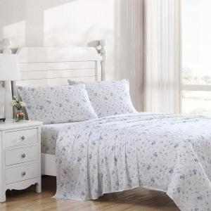 imageLaura Ashley  Queen Sheets Soft Sateen Cotton Bedding Set  Sleek Smooth ampamp Breathable Home Decor Evie Pink QueenGarden Muse BlueWhite