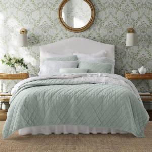 imageLaura Ashley  Twin Quilt Set Reversible Cotton Bedding with Matching Sham MediumWeight for Year Round Use Dorm Essentials Amberley Soft BlueDiamond Stitch Sage Leaf