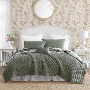 imageLaura Ashley  Twin Quilt Set Reversible Cotton Bedding with Matching Sham MediumWeight for Year Round Use Dorm Essentials Amberley Soft BlueDiamond Stitch Dark Green