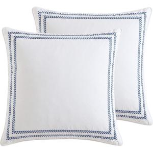 imageLaura Ashley  Euro Sham 100 Cotton with Contrast Border Throw Pillow Cover for Bed or Couch OekoTex Certified Mila Pink 26quot x 26quotStitched Vine Blue