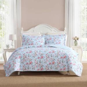 imageLaura Ashley  Twin Quilt Set Super Soft Cotton Bedding with Matching Sham Envelope Closure Floral Printed Design Blissful Blue Twin