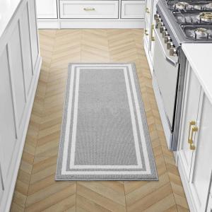 image:imageLaura Ashley All Loop Tufted 26quot x 45quot Washable SkidResistant Accent Rug  IvorySage Austell TwoToneDebbie Double Border Twotone Light GreyIvory