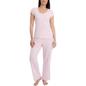 image:imageLaura Ashley Womens Pajamas 2 Piece Ribbed Knit Short Sleeve Henley Top and Pants PJ SetPink Stripe