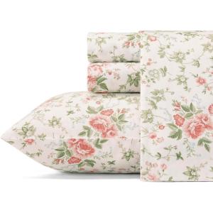 image:imageLaura Ashley  Queen Sheet Set ButterySoft Bed Sheets with a Naturally Silky Smooth Cotton Sateen Lightweight Feel  Matching Pillowcases amp Fitted Sheet Bettinas Blooms RedLilian Coral