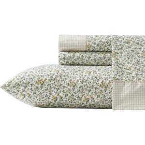 image:imageLaura Ashley  Full Sheet Set Crisp amp Cool Cotton Percale Bedding for Year Round Comfort Deep Pocket Bed Sheets with Matching Pillowcases Blossom Bliss PinkTierney Green