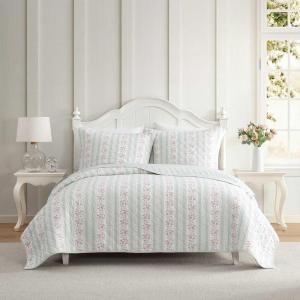 image:imageLaura Ashley  Twin Quilt Set Soft amp Reversible Cotton Percale Bedding 2 Piece Floral Bed Set with Matching Pillowcase Rosebud StripeWhitaker Vine Green