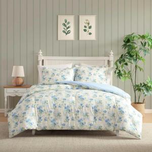image:imageLaura Ashley  Queen Comforter Set Reversible Cotton Floral Bedding with a Naturally Soft Feel 3 Piece Bed Set with Matching Pillowcases Blossom Dance BlueBlossom Dance