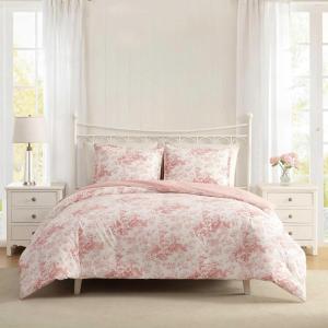 image:imageLaura Ashley  Queen Comforter Set Soft amp Reversible Cotton Bedding with a Lightweight Feel for Year Round Comfort 3 Piece Bed Set with Matching Pillowcases Ribbon Bouquet RedToile Delight Pink