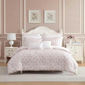 image:imageLaura Ashley  Twin Bonus Comforter Set Reversible Bedding with a Naturally Soft Feel 5 Piece Bed Set with Matching Pillowcases Euro Shams amp Decorative Pillows Pamelas PosiesPretty Stripe PinkPamelas PosiesPretty Stripe Pink
