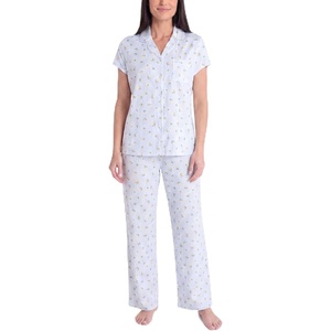 image:imageLaura Ashley Womens Pajamas 2 Piece Cotton Blend Notch Collar Button Down PJ SetLemon Stripe