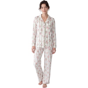 image:imageLaura Ashley Womens Plush Knit Pajamas 2 Piece Ultra Soft Brushed Long Sleeve Button Down Top and Pants Sleepwear SetRose Stripe